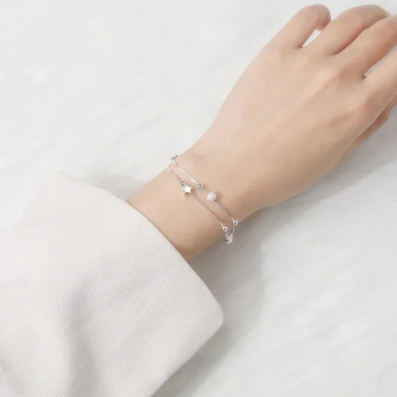 Adjustable 925 Sterling Silver Bead Bracelet for Women, Luxury Original Jewelry, Korean Fashion Designer, Beautiful Stars 