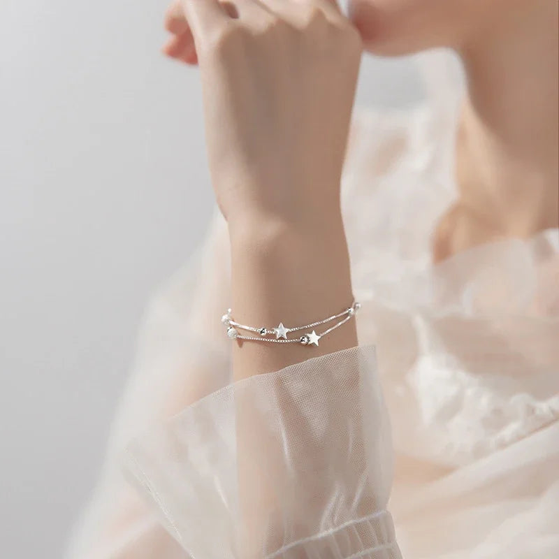 Pulsera ajustable de cuentas de plata de ley 925 para mujer, joyería original de lujo, diseño de moda coreano, hermosas estrellas. 