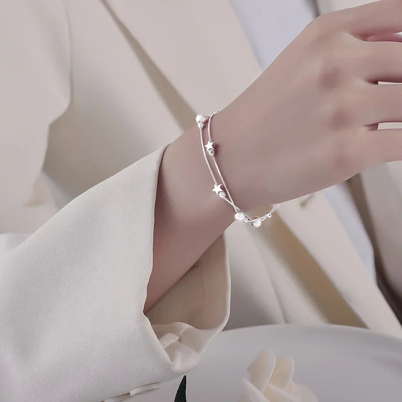 Adjustable 925 Sterling Silver Bead Bracelet for Women, Luxury Original Jewelry, Korean Fashion Designer, Beautiful Stars 