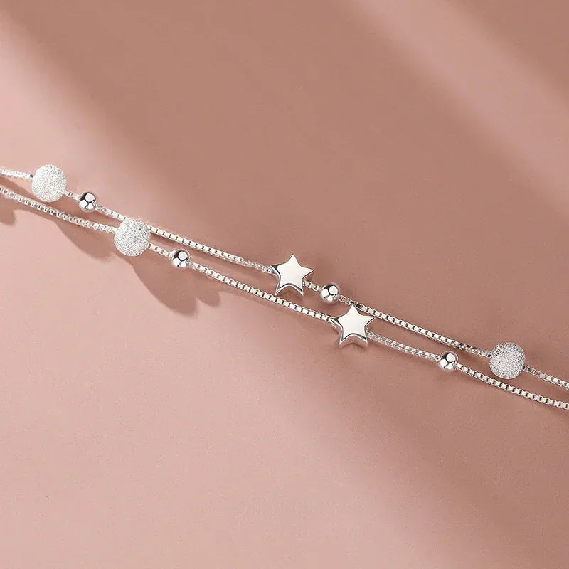 Adjustable 925 Sterling Silver Bead Bracelet for Women, Luxury Original Jewelry, Korean Fashion Designer, Beautiful Stars 