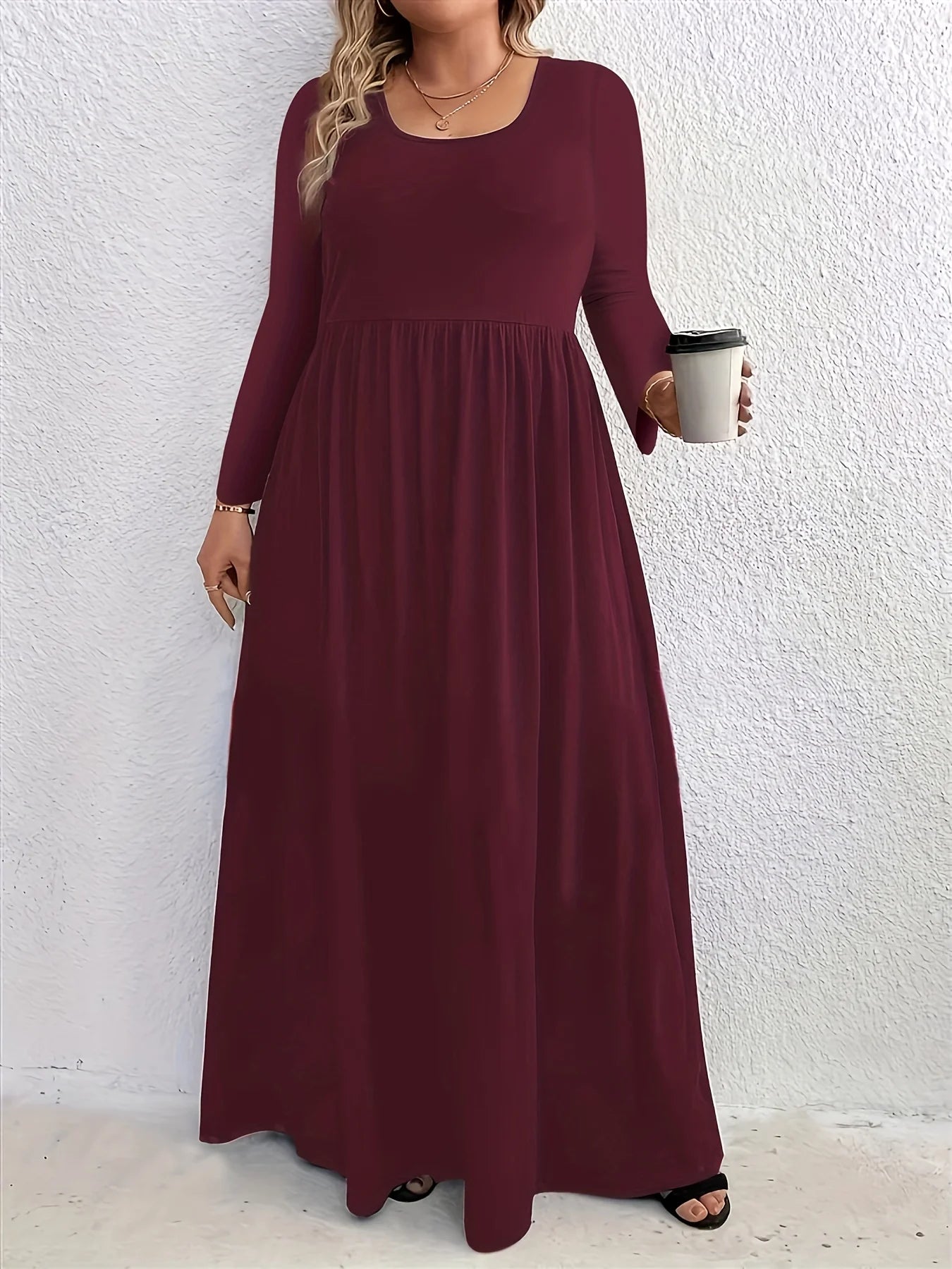 AliExpress-vestido de manga comprida com gola redonda, casual, monocromático, plus size, moda outono e inverno, Europa e Estados Unidos, 2024