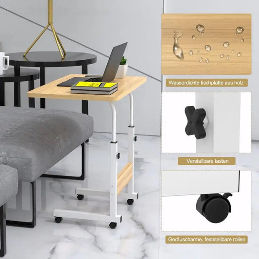 Altura-mesa portátil ajustável, mesa lateral branca com rodas, mesa do sofá do caderno, mesa do computador, escritório e quarto, HWC, 60x40x90cm