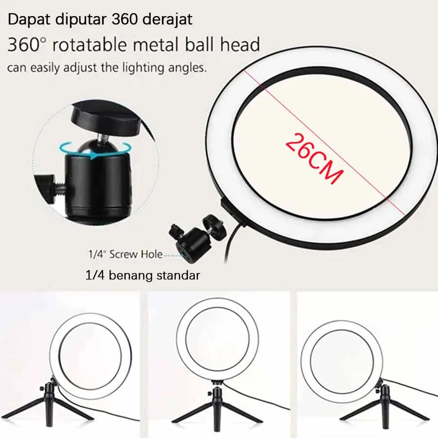 Anillo de luz LED para selfies de 10 pulgadas con enchufe USB, iluminación de 3 tonos, luz para fotografía, grabación de video, transmisión en vivo, luz de relleno 