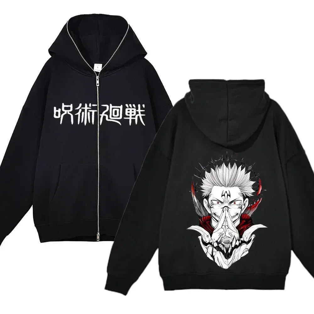 Chaquetas con cremallera de Anime Gojo Satoru, sudadera con capucha de forro polar fino, sudaderas con cremallera Y2K, Jujutsu Kaisen 