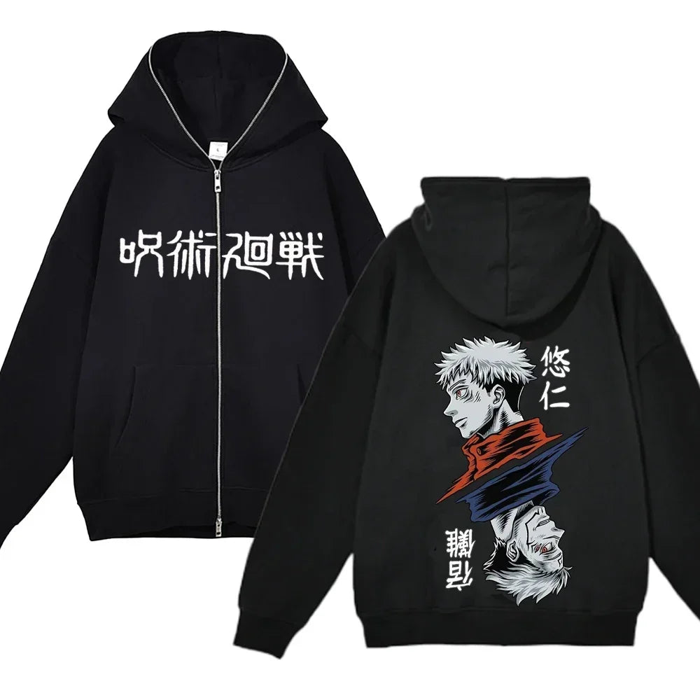 Chaquetas con cremallera de Anime Gojo Satoru, sudadera con capucha de forro polar fino, sudaderas con cremallera Y2K, Jujutsu Kaisen 