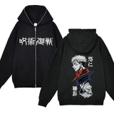 Chaquetas con cremallera de Anime Gojo Satoru, sudadera con capucha de forro polar fino, sudaderas con cremallera Y2K, Jujutsu Kaisen 