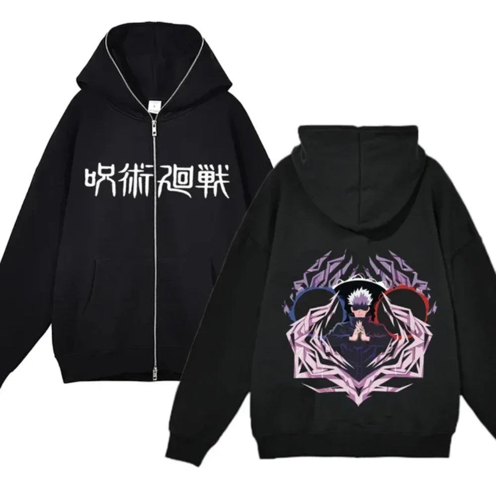 Chaquetas con cremallera de Anime Gojo Satoru, sudadera con capucha de forro polar fino, sudaderas con cremallera Y2K, Jujutsu Kaisen 