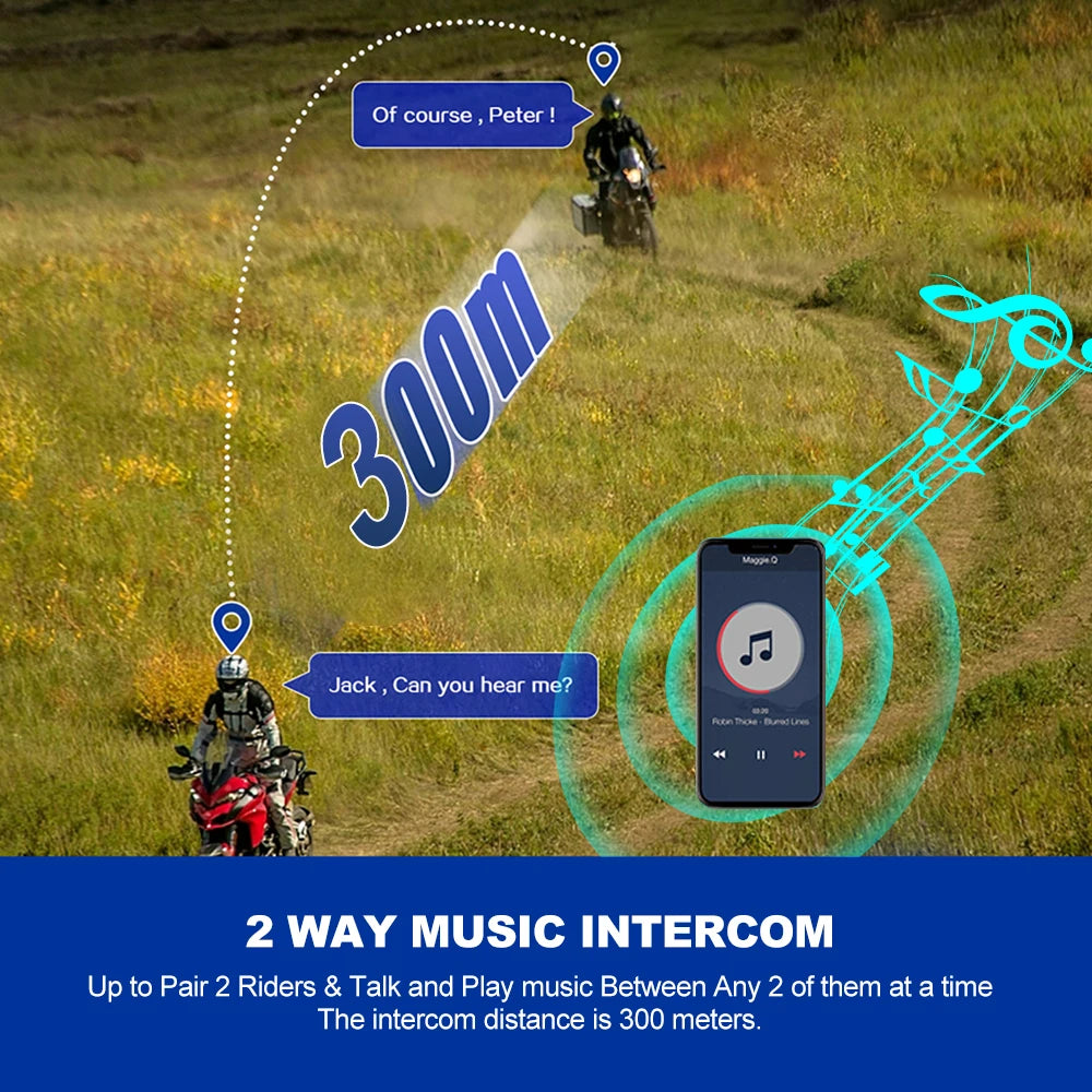 Auricular de capacete intercomunicador sem fio, fone de ouvido Bluetooth à prova d'água, chamada handsfree, 300m, 2000mAh