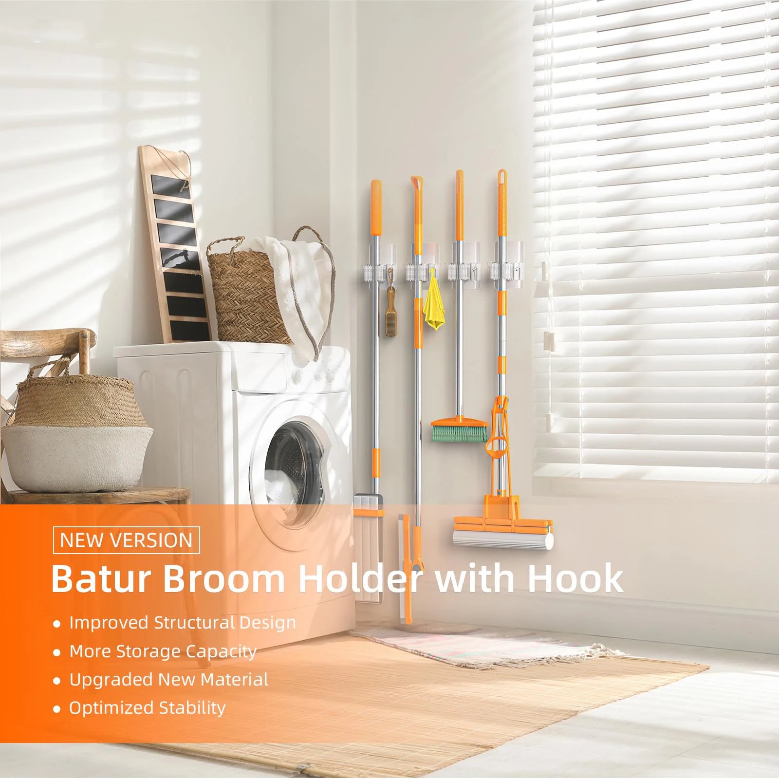 Auto-adesivo Mop e Broom Holder, Montagem na parede, Vassoura Gripper Holds, Casa, Jardim, Garagem, Armazenamento, 1 Pc, 2Pcs