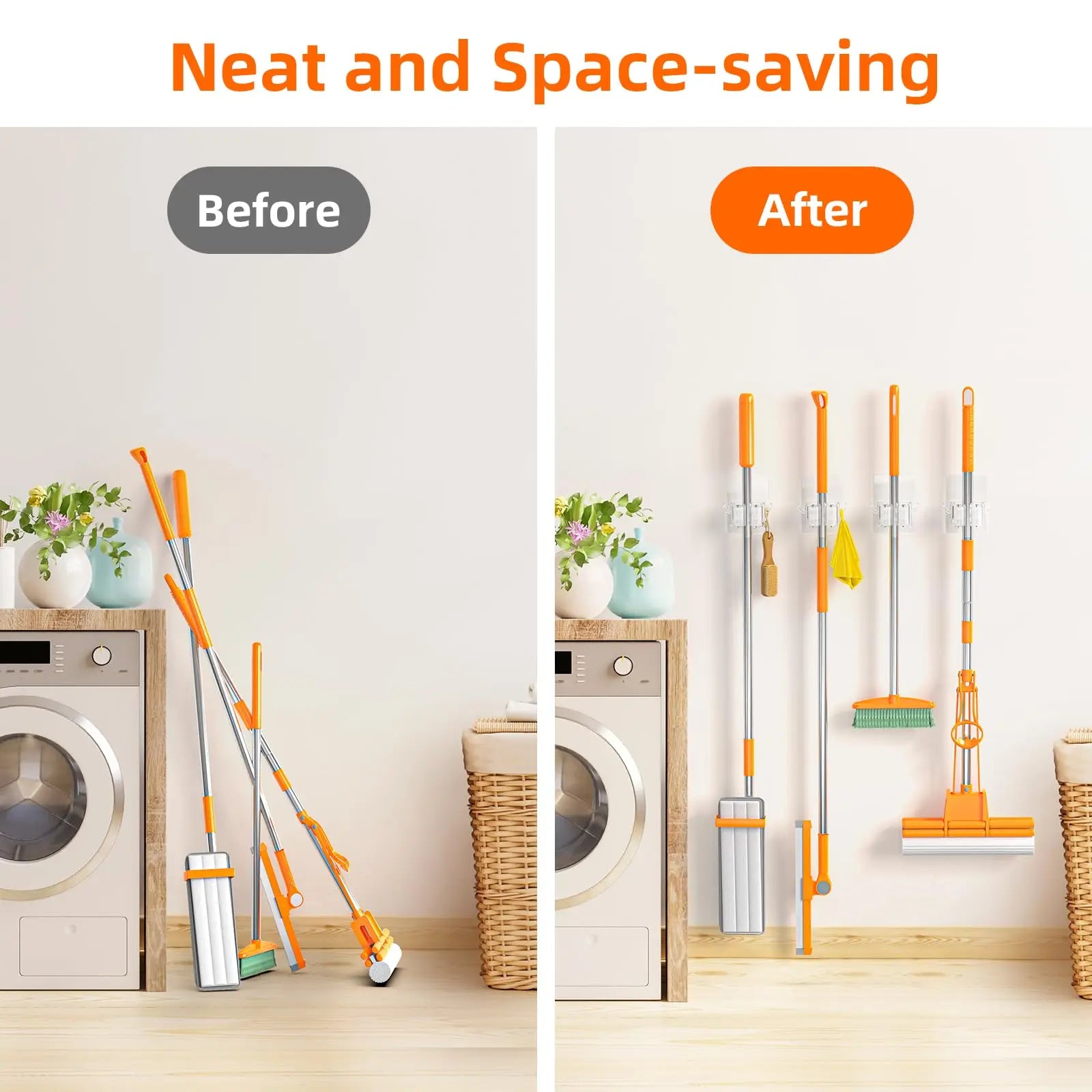 Auto-adesivo Mop e Broom Holder, Montagem na parede, Vassoura Gripper Holds, Casa, Jardim, Garagem, Armazenamento, 1 Pc, 2Pcs