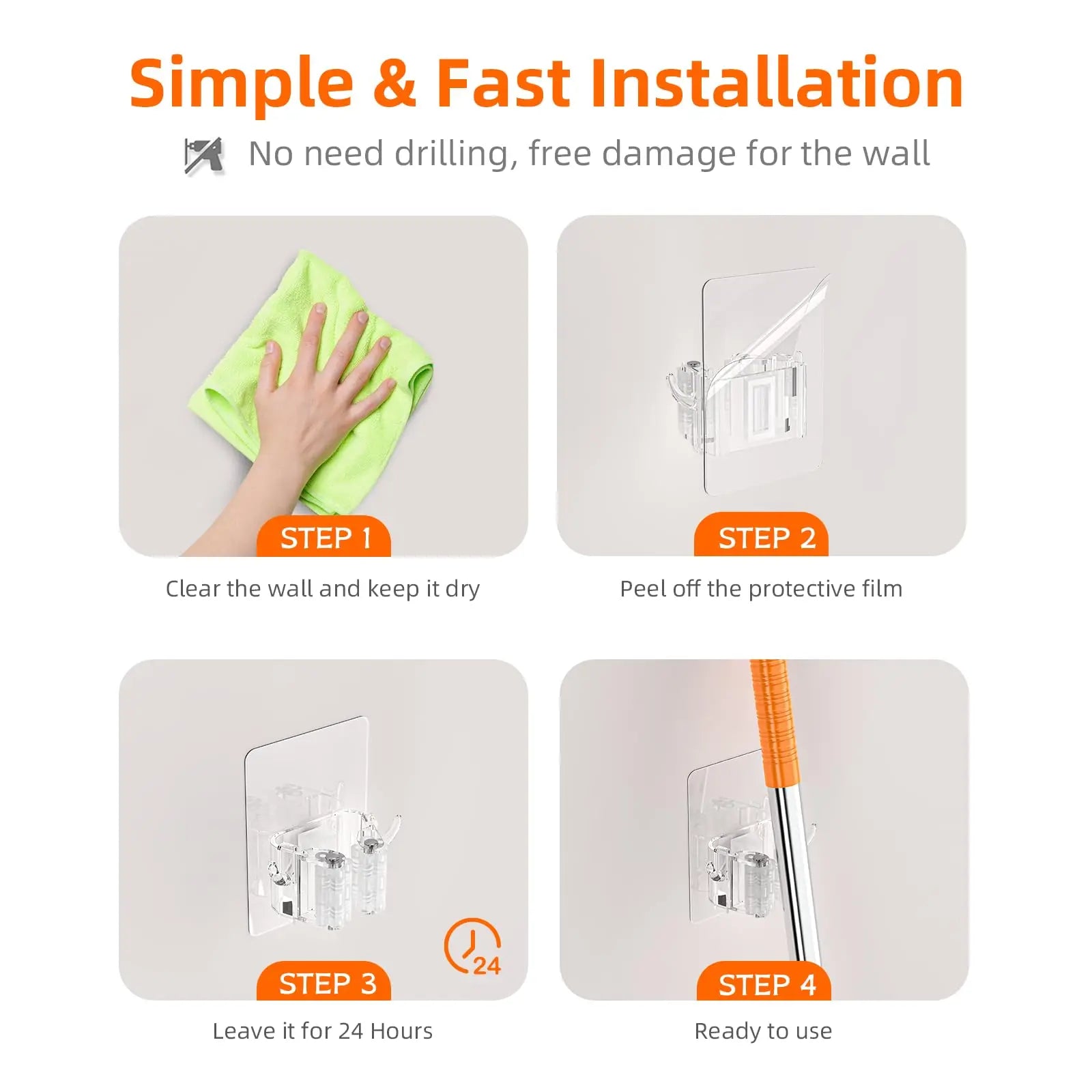 Auto-adesivo Mop e Broom Holder, Montagem na parede, Vassoura Gripper Holds, Casa, Jardim, Garagem, Armazenamento, 1 Pc, 2Pcs