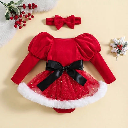 Baby Girls' Long Sleeve Romper with Headband, Toddler Bodysuits, Christmas Outfits, Patchwork, Sequins, Stars, Moon, Skirt, Hem 