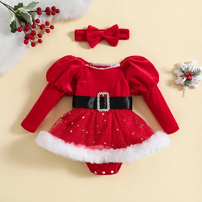 Baby Girls' Long Sleeve Romper with Headband, Toddler Bodysuits, Christmas Outfits, Patchwork, Sequins, Stars, Moon, Skirt, Hem 