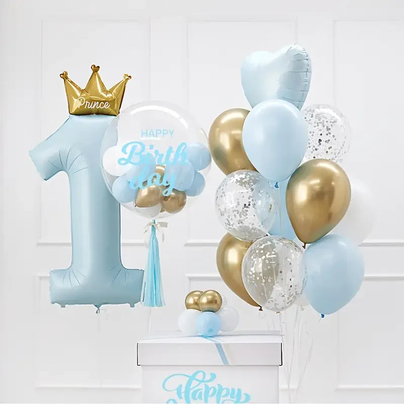 Balão de alumínio com coroa para menino e menina, decoração de aniversário, 1 ano, 24pcs