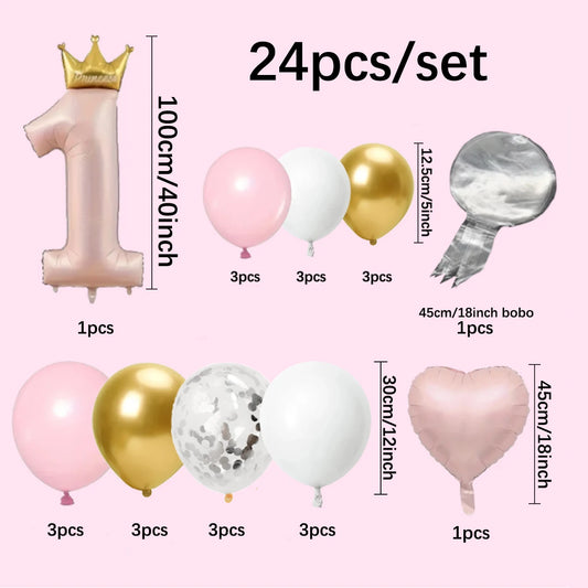 Balão de alumínio com coroa para menino e menina, decoração de aniversário, 1 ano, 24pcs