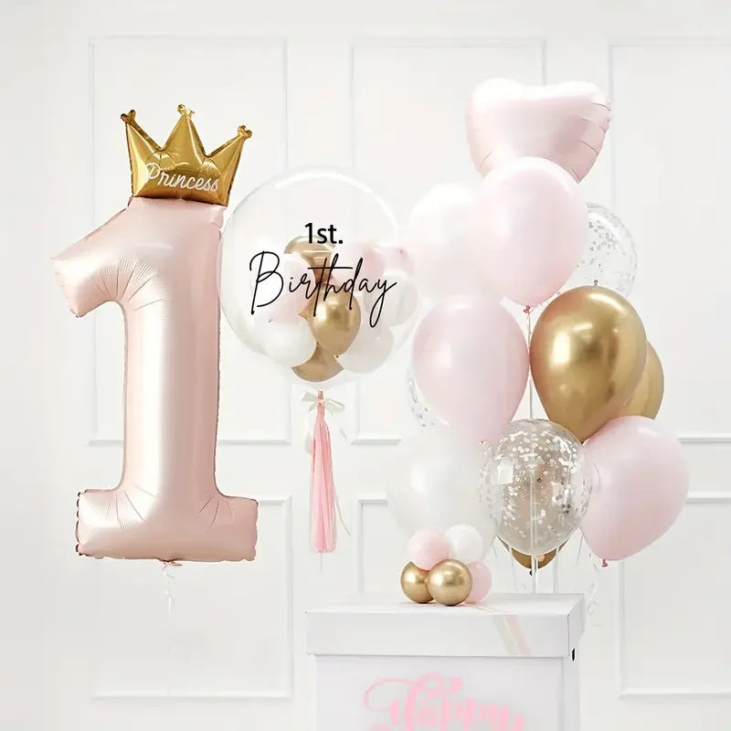 Balão de alumínio com coroa para menino e menina, decoração de aniversário, 1 ano, 24pcs