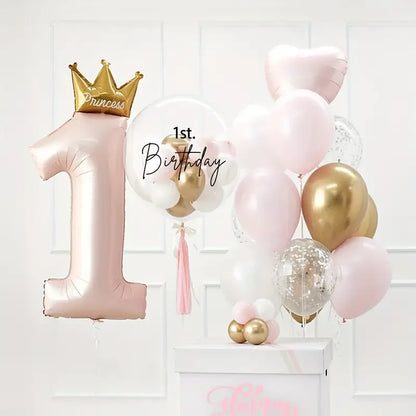 Balão de alumínio com coroa para menino e menina, decoração de aniversário, 1 ano, 24pcs