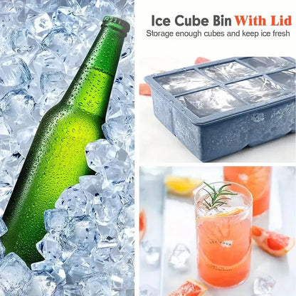 Bandeja flexível do cubo do gelo com tampa, Molde do silicone do produto comestível, Bandejas para o congelador, 6 cavidades, 1Pc, venda quente