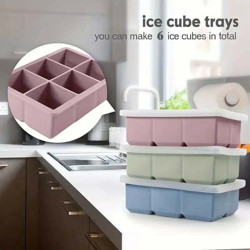Flexible Ice Cube Tray with Lid, Food Grade Silicone Mold, Freezer Trays, 6 Cavities, 1Pc, Hot Sale 