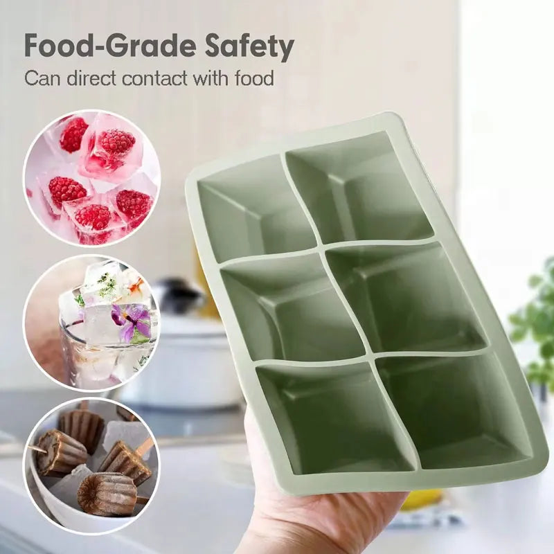 Flexible Ice Cube Tray with Lid, Food Grade Silicone Mold, Freezer Trays, 6 Cavities, 1Pc, Hot Sale 