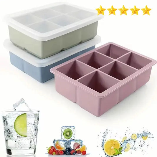 Bandeja flexível do cubo do gelo com tampa, Molde do silicone do produto comestível, Bandejas para o congelador, 6 cavidades, 1Pc, venda quente