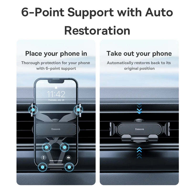 Baseus - Soporte para iPhone en el coche, soporte para rejilla de ventilación, soporte de gravedad para teléfono móvil, soporte flexible para GPS 