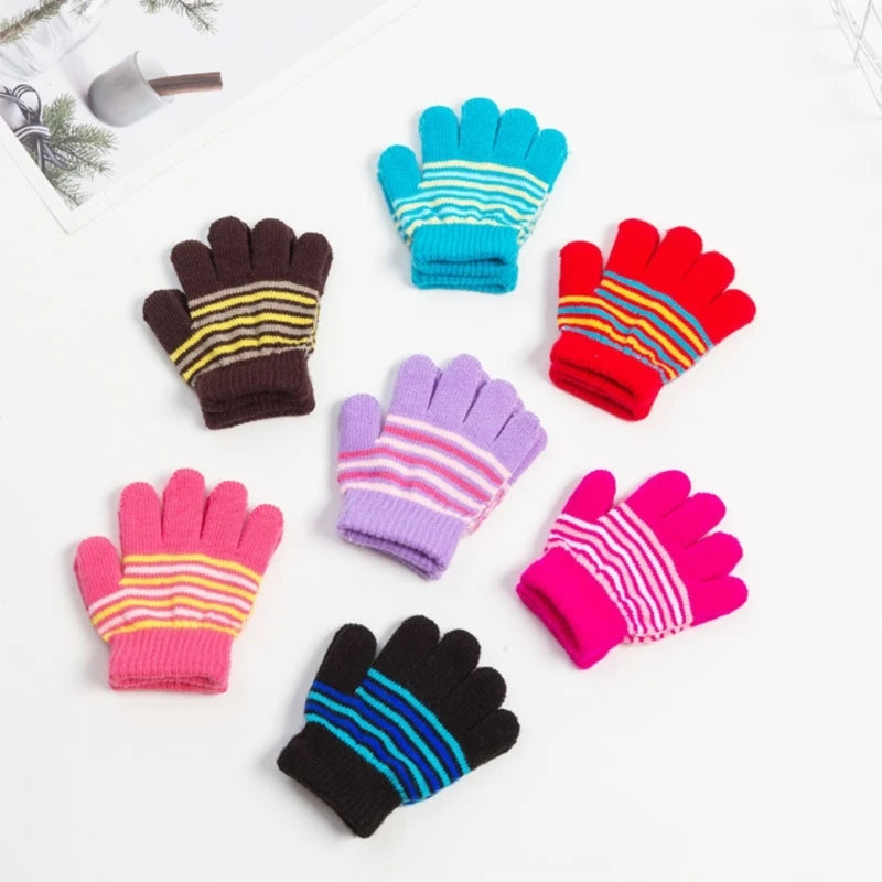 Baby Boys Girls Full Finger Gloves Winter Knitted Stripe Mitten Kids Outdoor Gloves for 1 2 3 4 5 Years Old Children Accessories 