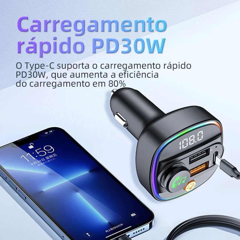 Bluetooth 5.3 FM Transmitter Handsfree Car AUX Radio Modulator MP3 Player with 22.5W &amp; PD30W Fast Charge Adapter Car Accessories 