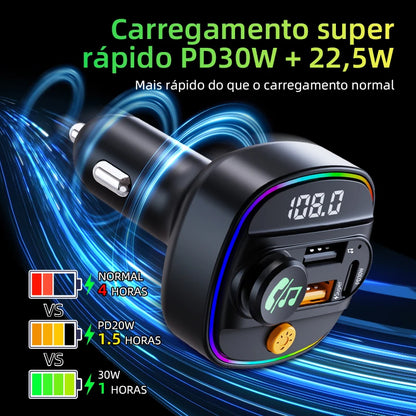 Bluetooth 5.3 FM Transmitter Handsfree Car AUX Radio Modulator MP3 Player with 22.5W &amp; PD30W Fast Charge Adapter Car Accessories 