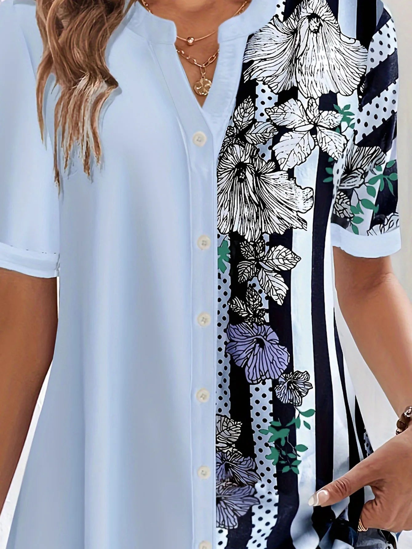 Blusa estampada listrada para as mulheres, blusa casual, gola redonda, meia manga, tamanho grande, roupas de primavera