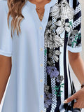 Blusa estampada listrada para as mulheres, blusa casual, gola redonda, meia manga, tamanho grande, roupas de primavera