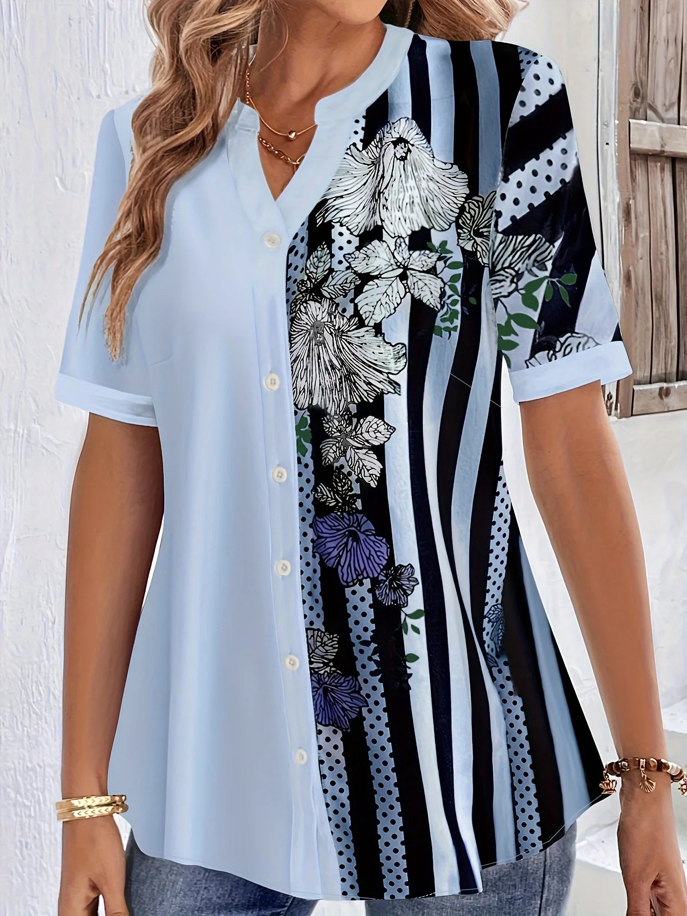 Blusa estampada listrada para as mulheres, blusa casual, gola redonda, meia manga, tamanho grande, roupas de primavera