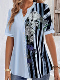 Blusa estampada listrada para as mulheres, blusa casual, gola redonda, meia manga, tamanho grande, roupas de primavera