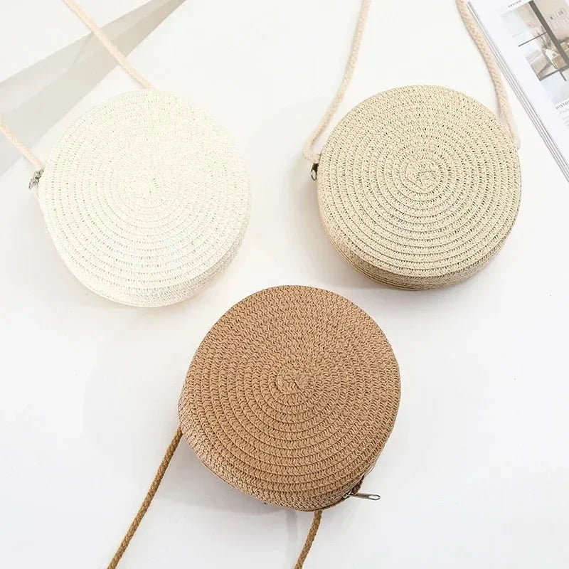 Bolsa de palha tecida redonda para mulheres, bolsa minimalista, bolsa de ombro, bolsa estilo vocação