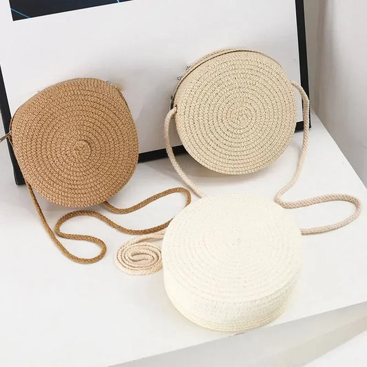 Round Woven Straw Bag for Women, Minimalist Handbag, Shoulder Bag, Vocation Style Bag 