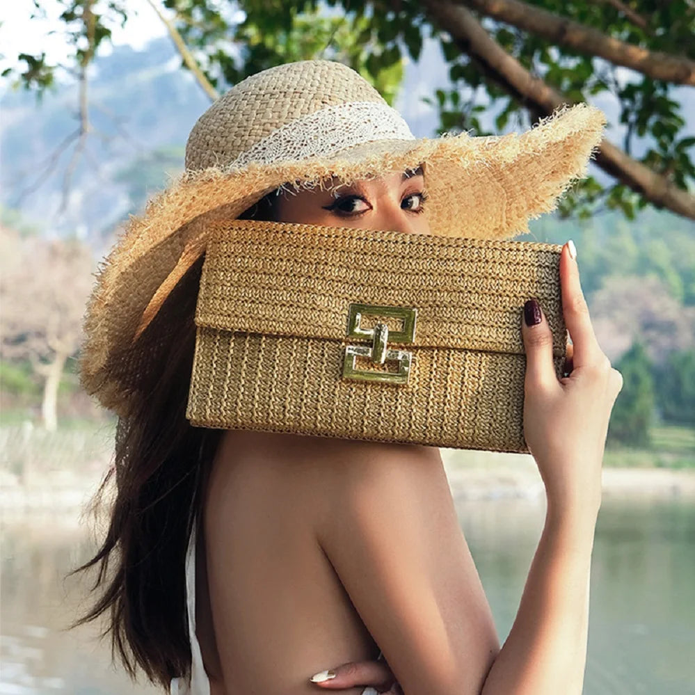 Bolsa tecida feminina, bolsa de praia, carteira de verão, estilo boêmio, essencial para meninas em férias