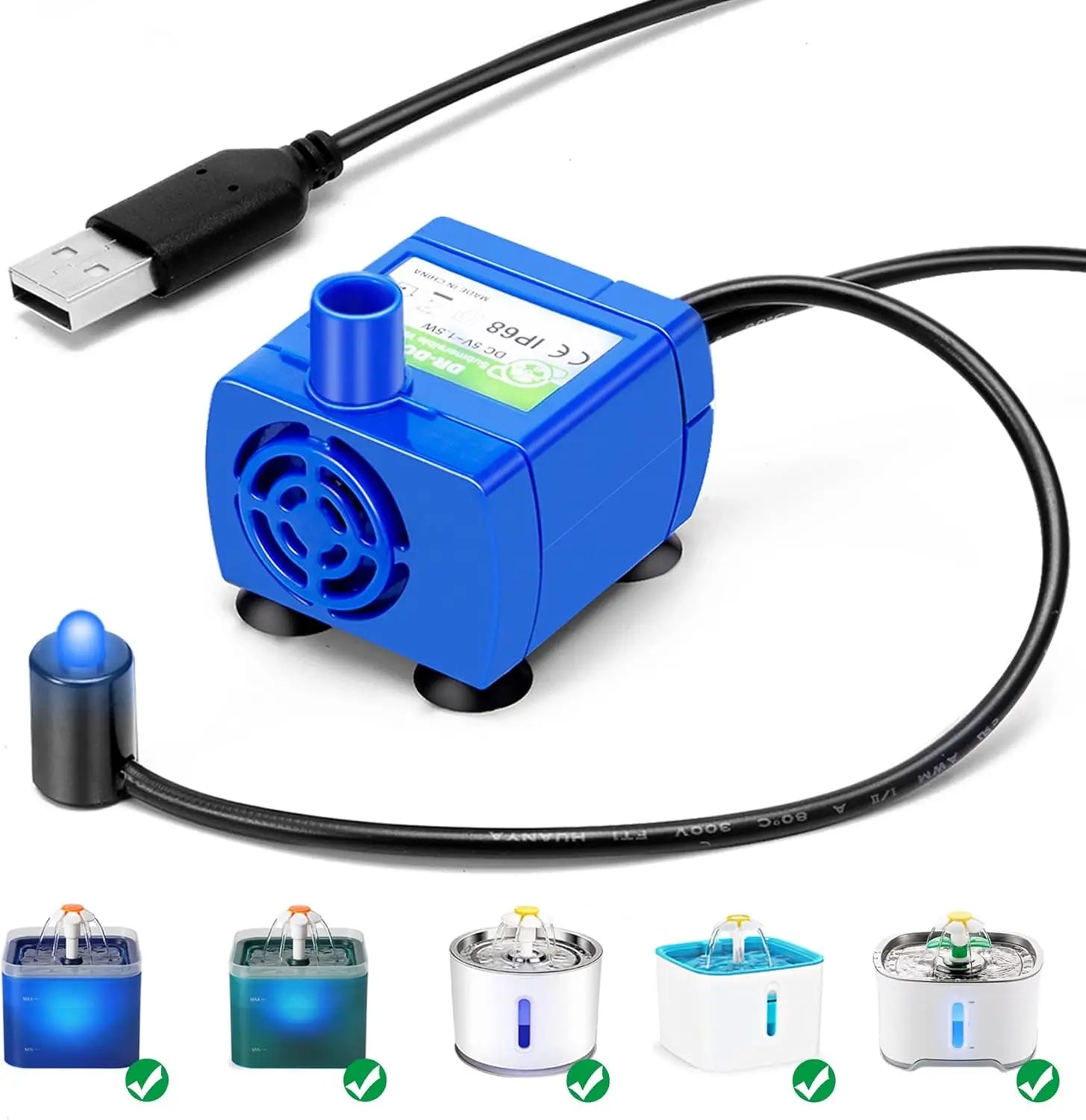 Bomba de agua con luz LED para mascotas y gatos, fuente de agua con motor de repuesto para gatos, flores, bebedero, dispensador, accesorios para mascotas 