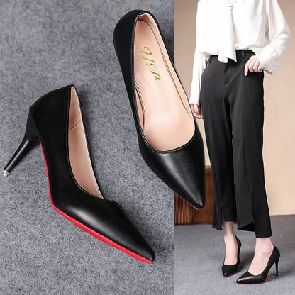 2022 Spring New Women's Soft Leather Pumps Thin High Heels Female Stiletto Black Big Size Sexy Fashion 