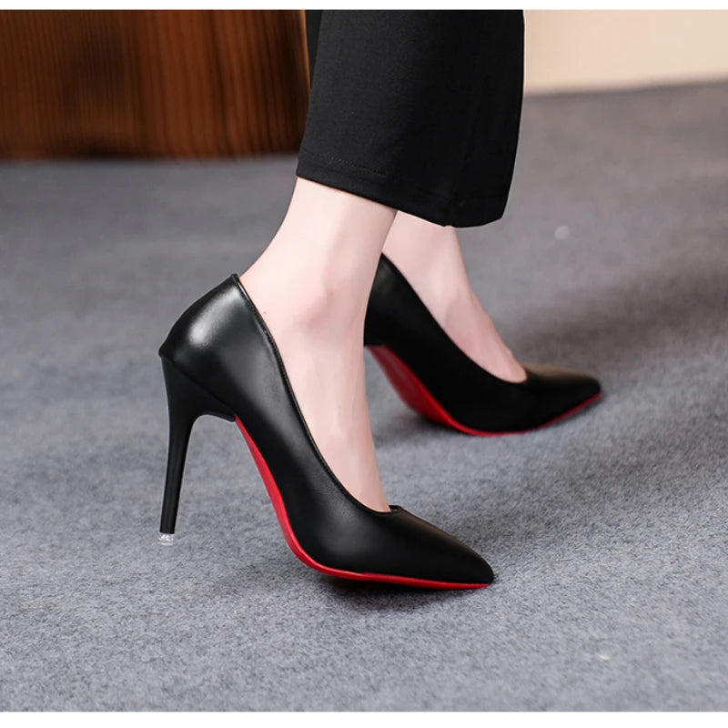 2022 Spring New Women's Soft Leather Pumps Thin High Heels Female Stiletto Black Big Size Sexy Fashion 