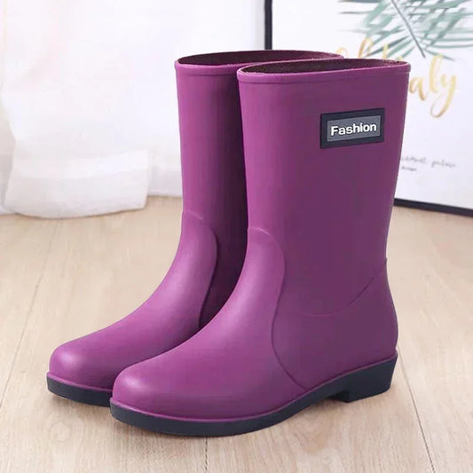 Botas de chuva impermeáveis femininas, capa de algodão, sapato de borracha antiderrapante, tubo médio, quatro estações, ao ar livre, moda, quatro estações