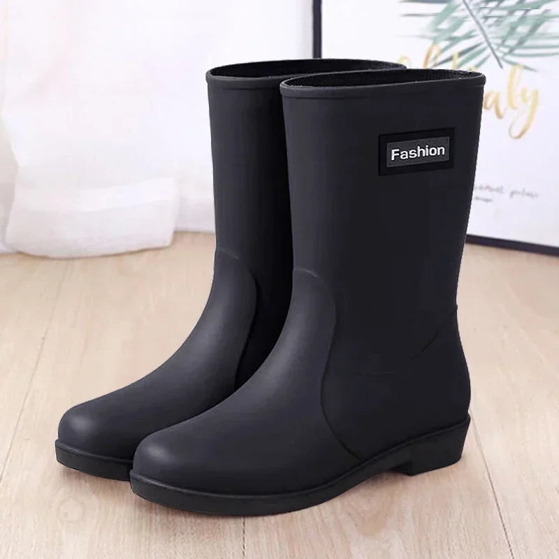 Botas de chuva impermeáveis femininas, capa de algodão, sapato de borracha antiderrapante, tubo médio, quatro estações, ao ar livre, moda, quatro estações