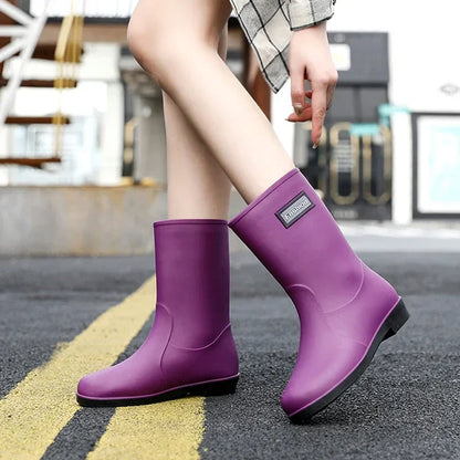 Botas de chuva impermeáveis femininas, capa de algodão, sapato de borracha antiderrapante, tubo médio, quatro estações, ao ar livre, moda, quatro estações