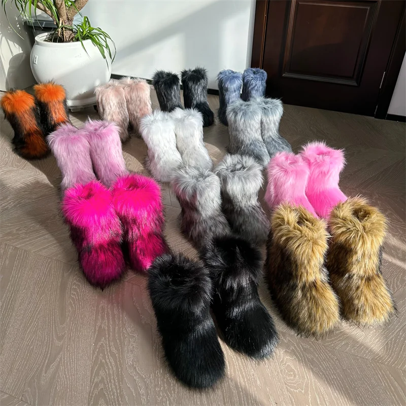 Botas de nieve de mapache para mujer, zapatos de media caña para exteriores, nuevas botas de invierno de una pieza 