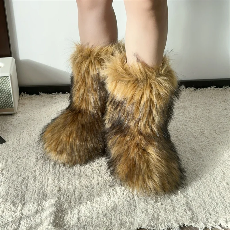 Botas de nieve de mapache para mujer, zapatos de media caña para exteriores, nuevas botas de invierno de una pieza 