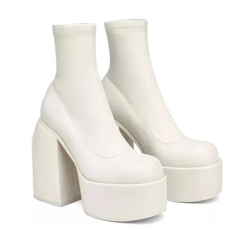 Botas femininas de plataforma de tubo médio, saltos grotescos, botas plus size, sapatos de manga, dedo do pé quadrado, monocromáticas, alta qualidade, inverno, 2024