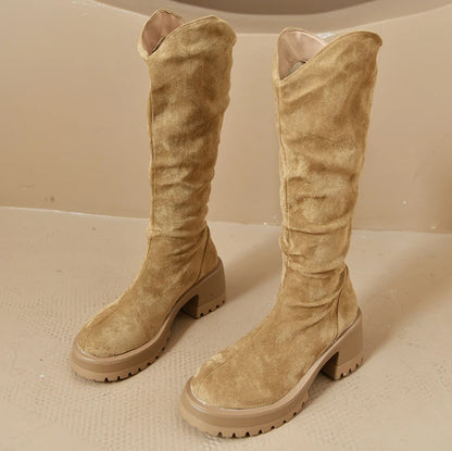 Botas finas de salto grosso para mulheres, salto alto, longas, emagrecedoras, material de borracha, nicho, estilo britânico, outono, novas