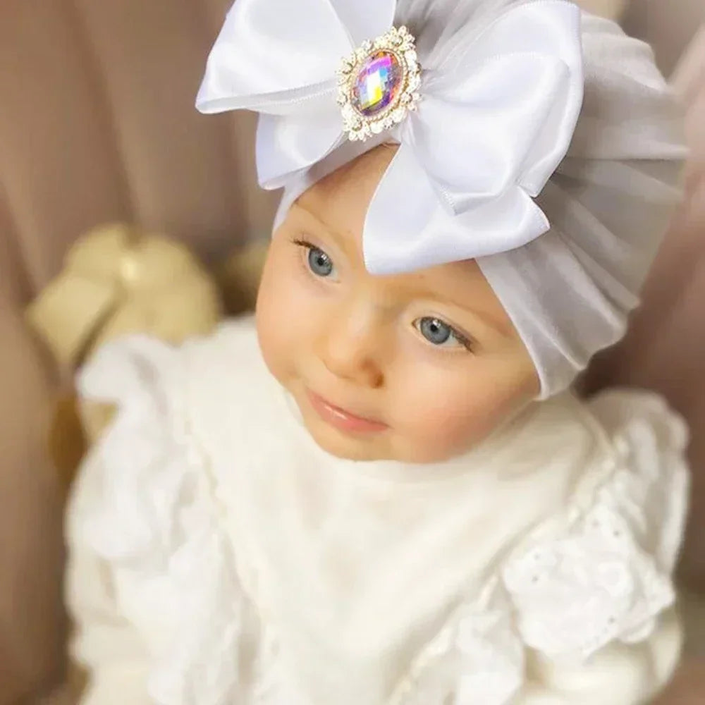 Shiny Rhinestone Bowknot Cotton Baby Girl Hat, Infant Indian Hat, Soft, Skin-Friendly, Caps, Fashion Turban, Handmade, Bows Headwear, Cute 