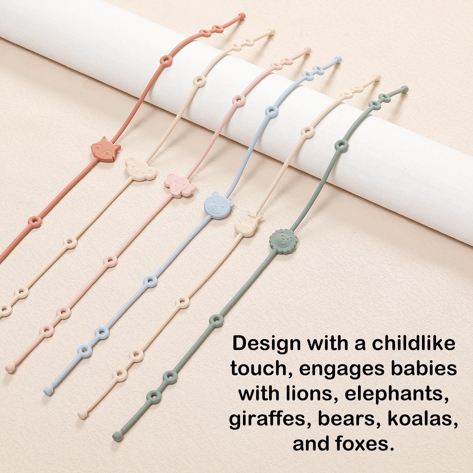 Brinquedos de Silicone Correias para Bebês, Animal Shape, Anti-Perdido, Corrente Chupeta Ajustável para Carrinhos, Cadeiras Altas, 6Pcs