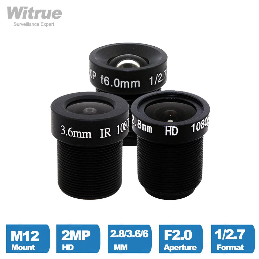 Câmera CCTV LENS para Vigilância, Câmera de Segurança, 1080P, Montagem M12, Abertura 2MP, F2.0, Formato 1/2.7, 2.8mm, 3.6mm, 6mm