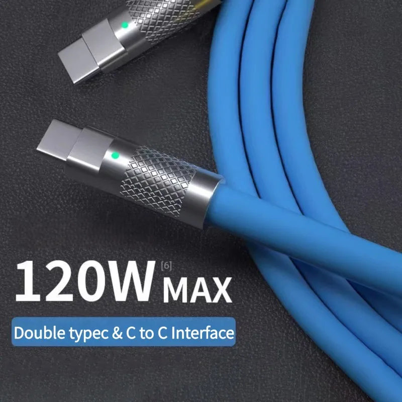 Cabo USB de Silicone Líquido Tipo C Super Rápido, Cabo Carregador, 120W, 6A, Carregamento Rápido, 1m, 2m
